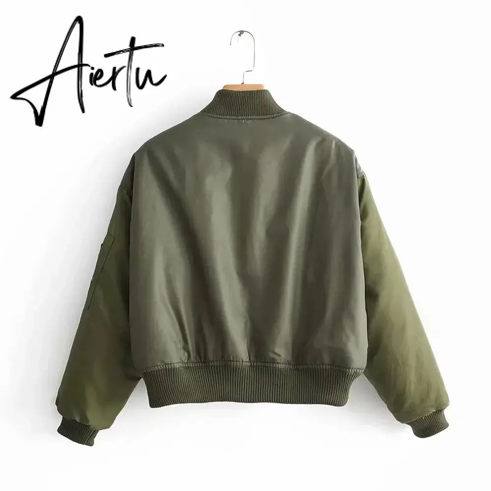 Aiertu  Winter Thicken Bomber Jacket Women Zipper Cropped Coat Long Sleeve Oversized Outwear Vintage Puffer Jackets Parkas