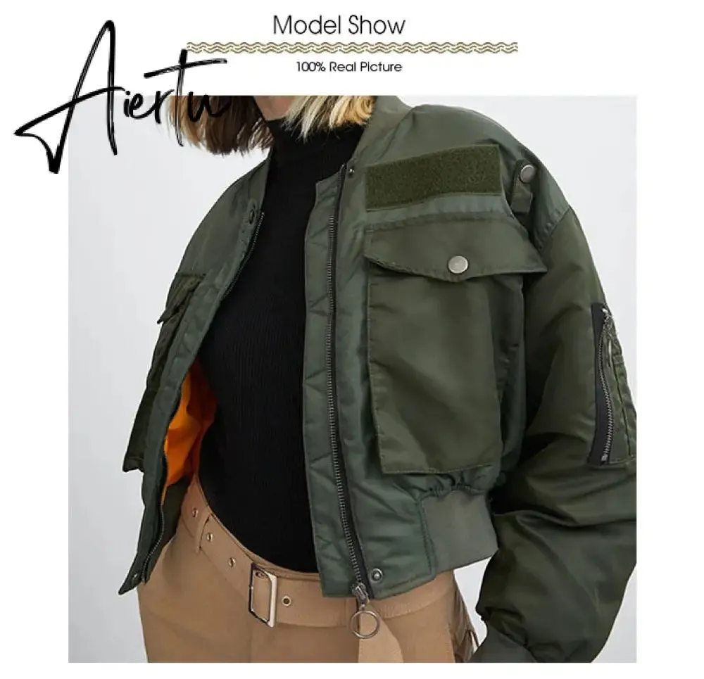 Aiertu  Winter Thicken Bomber Jacket Women Zipper Cropped Coat Long Sleeve Oversized Outwear Vintage Puffer Jackets Parkas