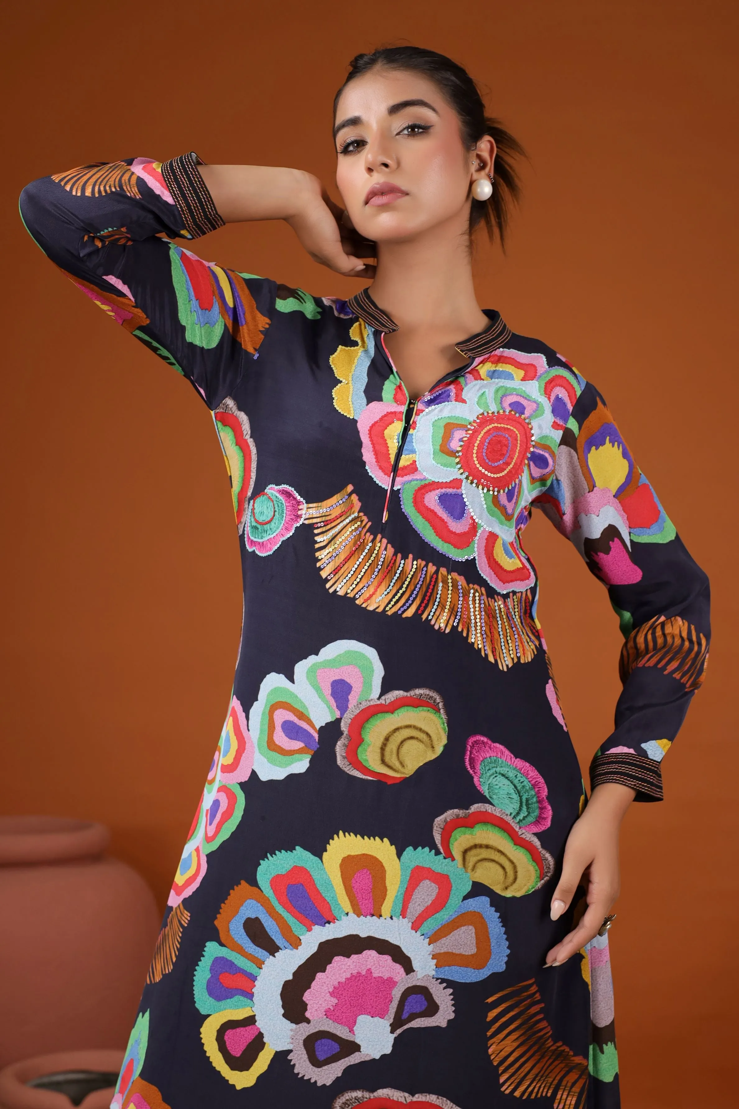 Black Abstract Floral Printed Kurta Set