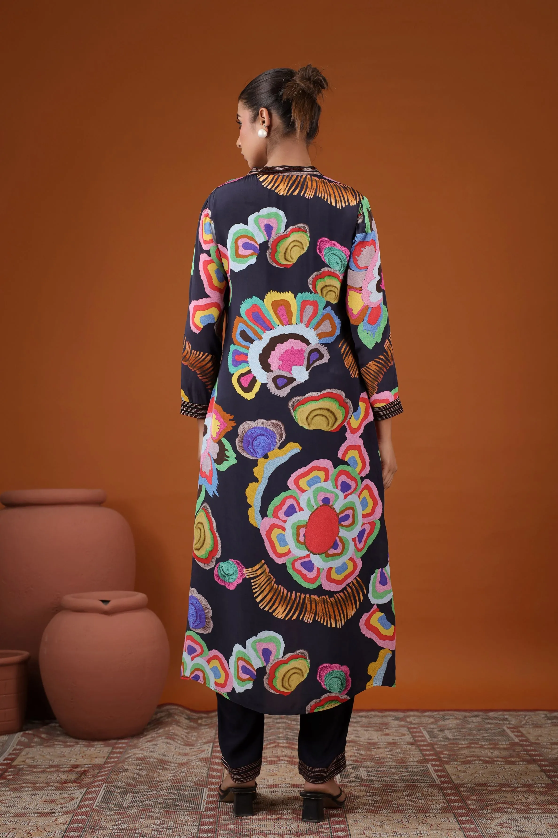 Black Abstract Floral Printed Kurta Set