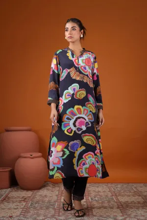 Black Abstract Floral Printed Kurta Set