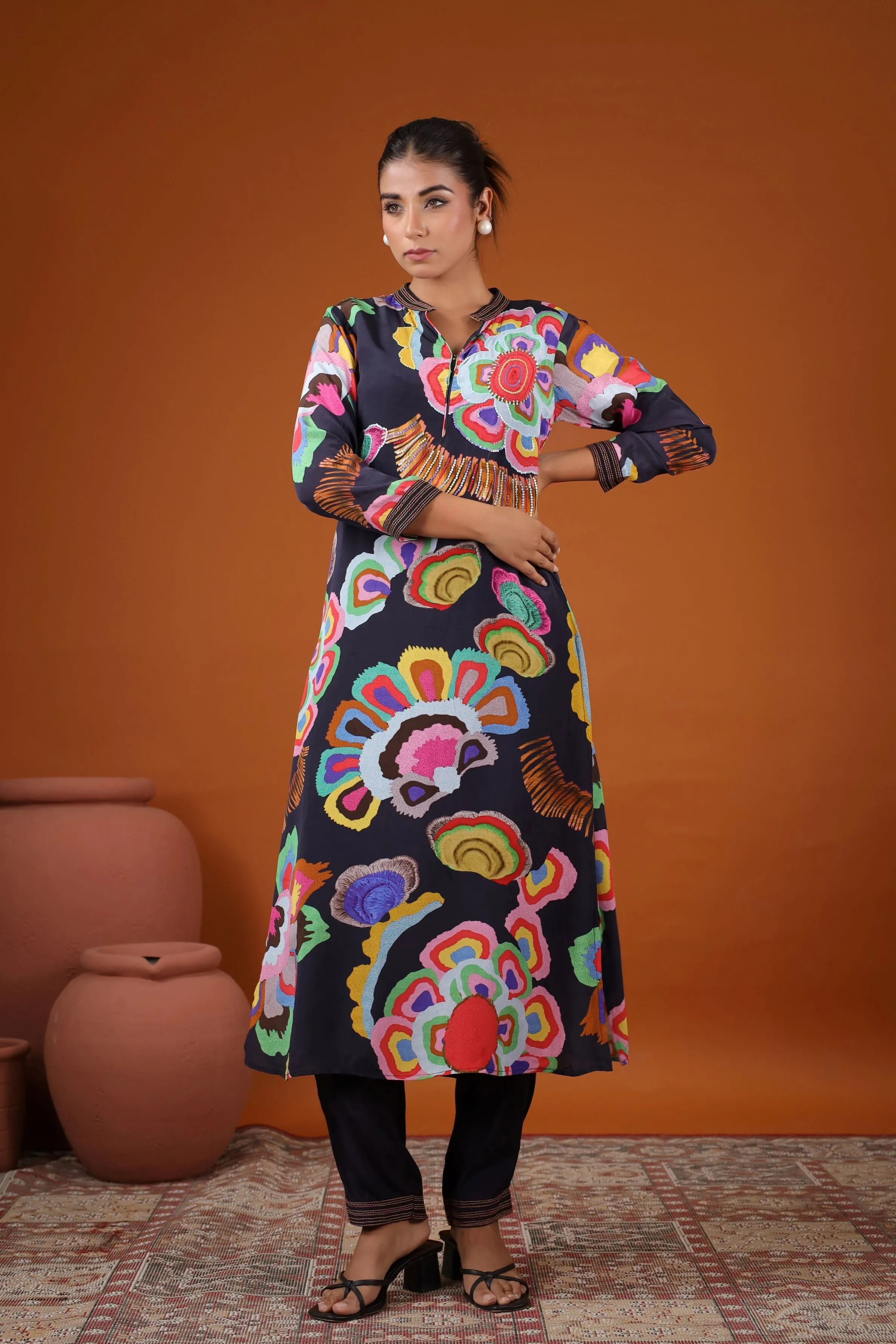 Black Abstract Floral Printed Kurta Set