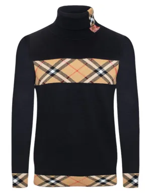 Black and Beige Plaid Burb Design Men's Turtleneck Sweater Regular-Fit SW-148