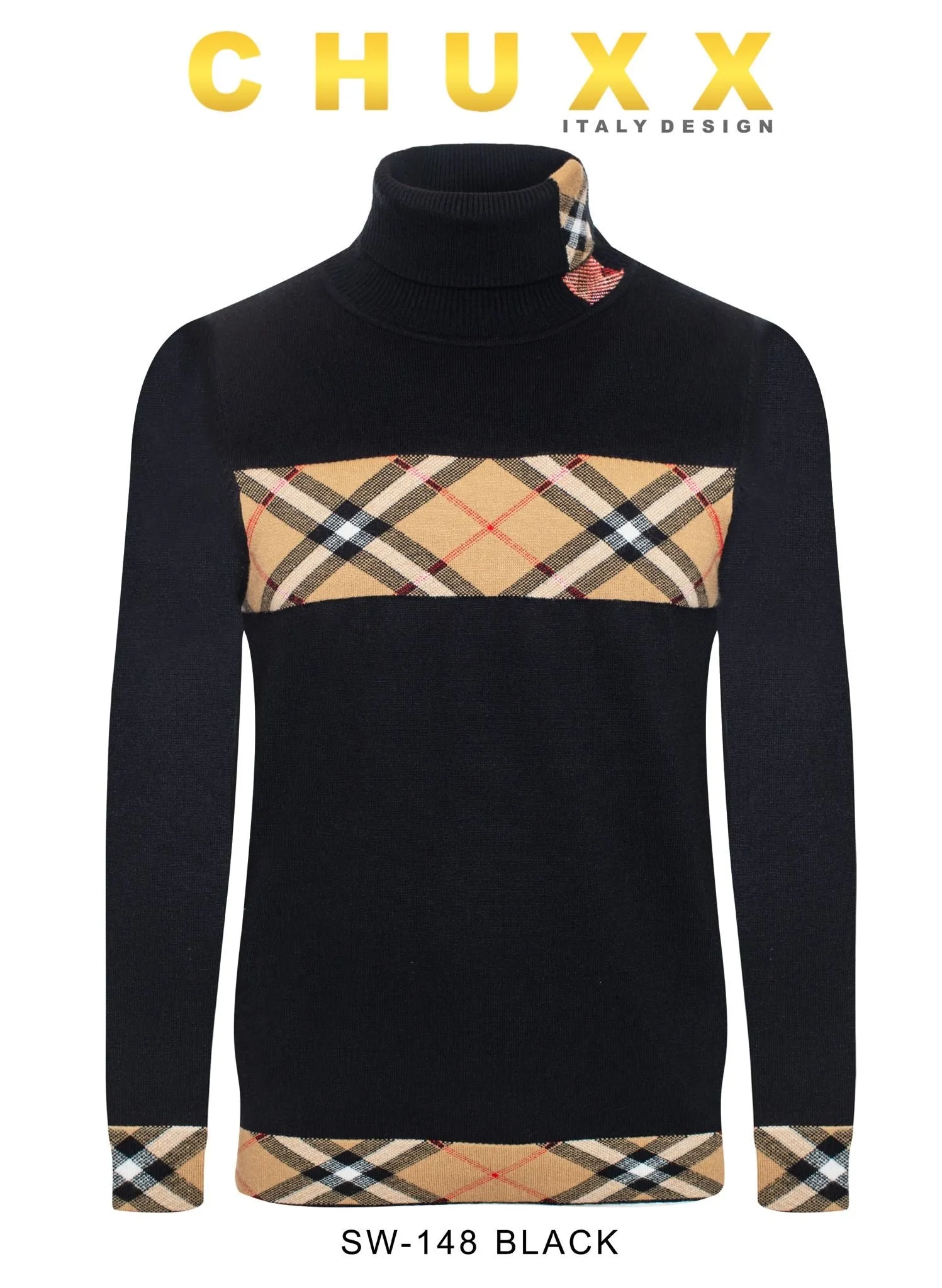 Black and Beige Plaid Burb Design Men's Turtleneck Sweater Regular-Fit SW-148