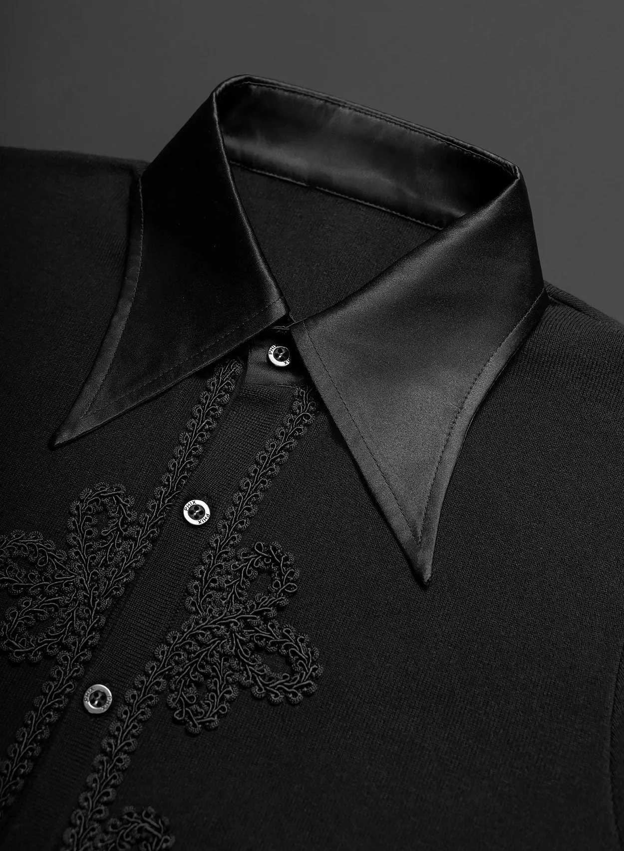 Black Embroidery Satin Collar Long Sleeve Cotton Polo