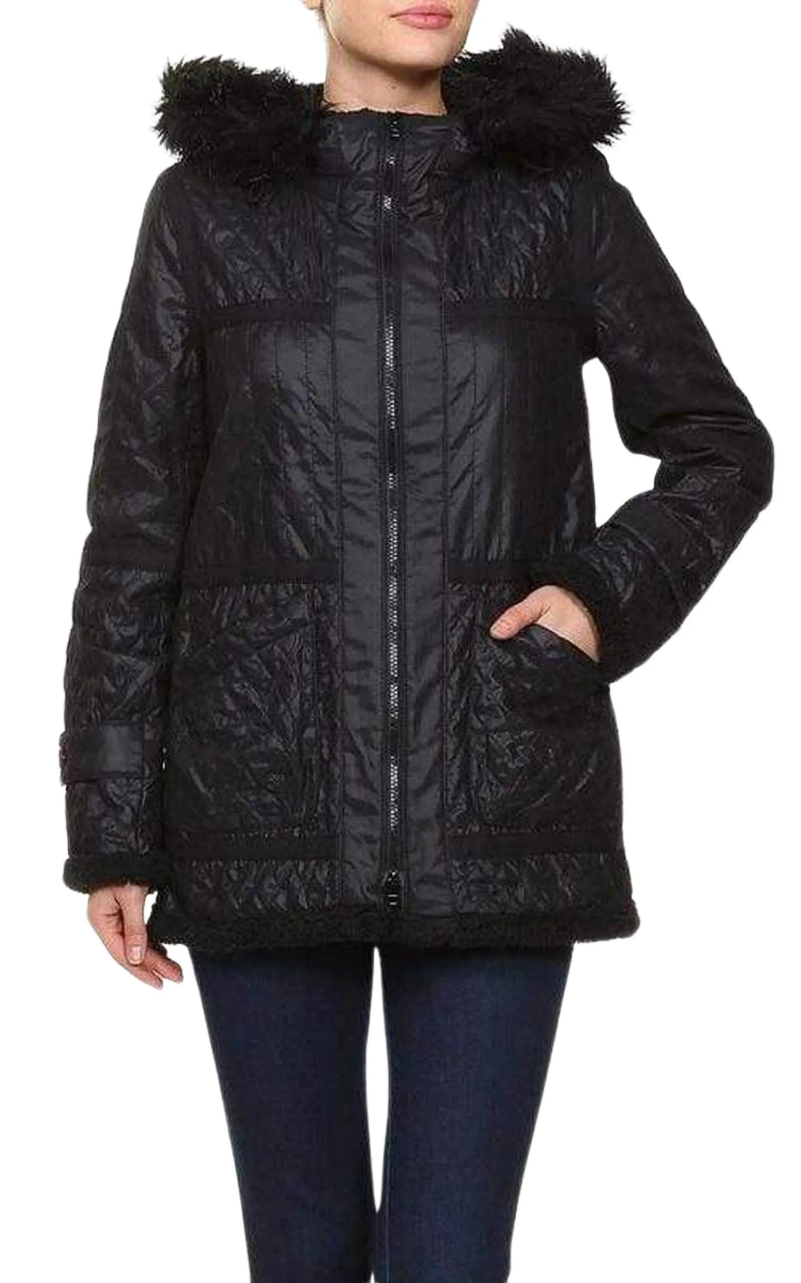 Black Genova Quilted Distressed Coat