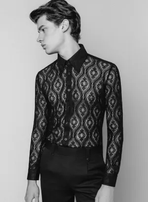 Black Lace Geometric Pointed Collar Shirt