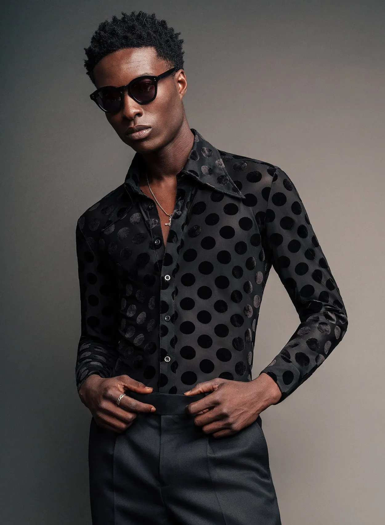 Black Polka Dot Dagger Collar Velvet Shirt