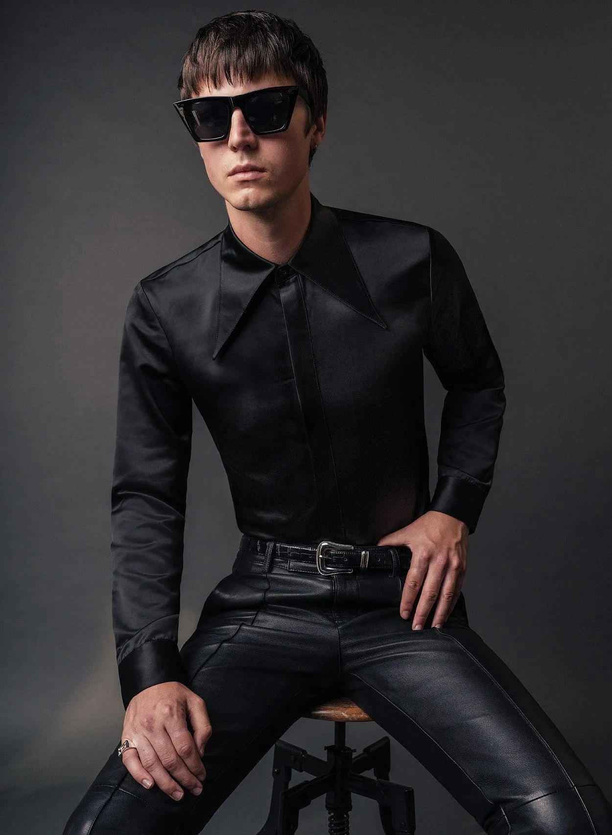 Black Satin Oversize Dagger Collar Shirt