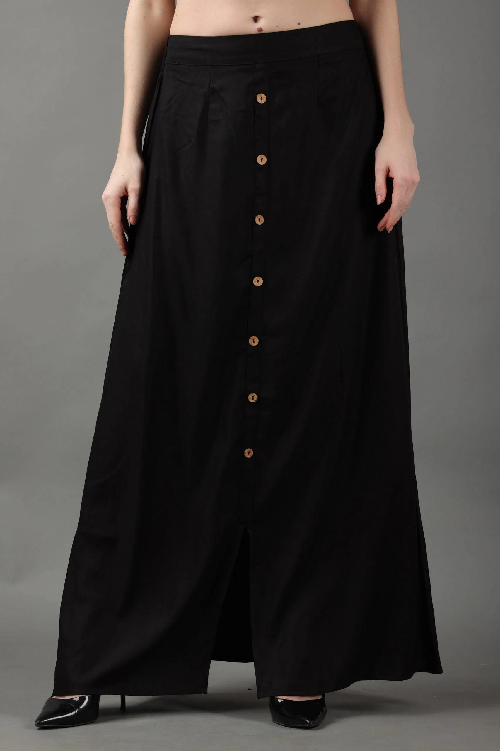 Black Solid Skirt with Buttons