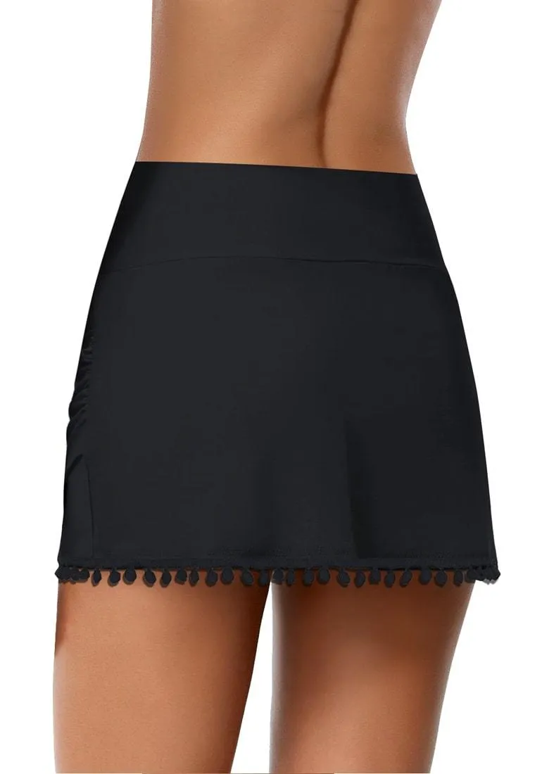 Black Tulip Hem Tassels Mid-Waist Ruched Swim Skirt