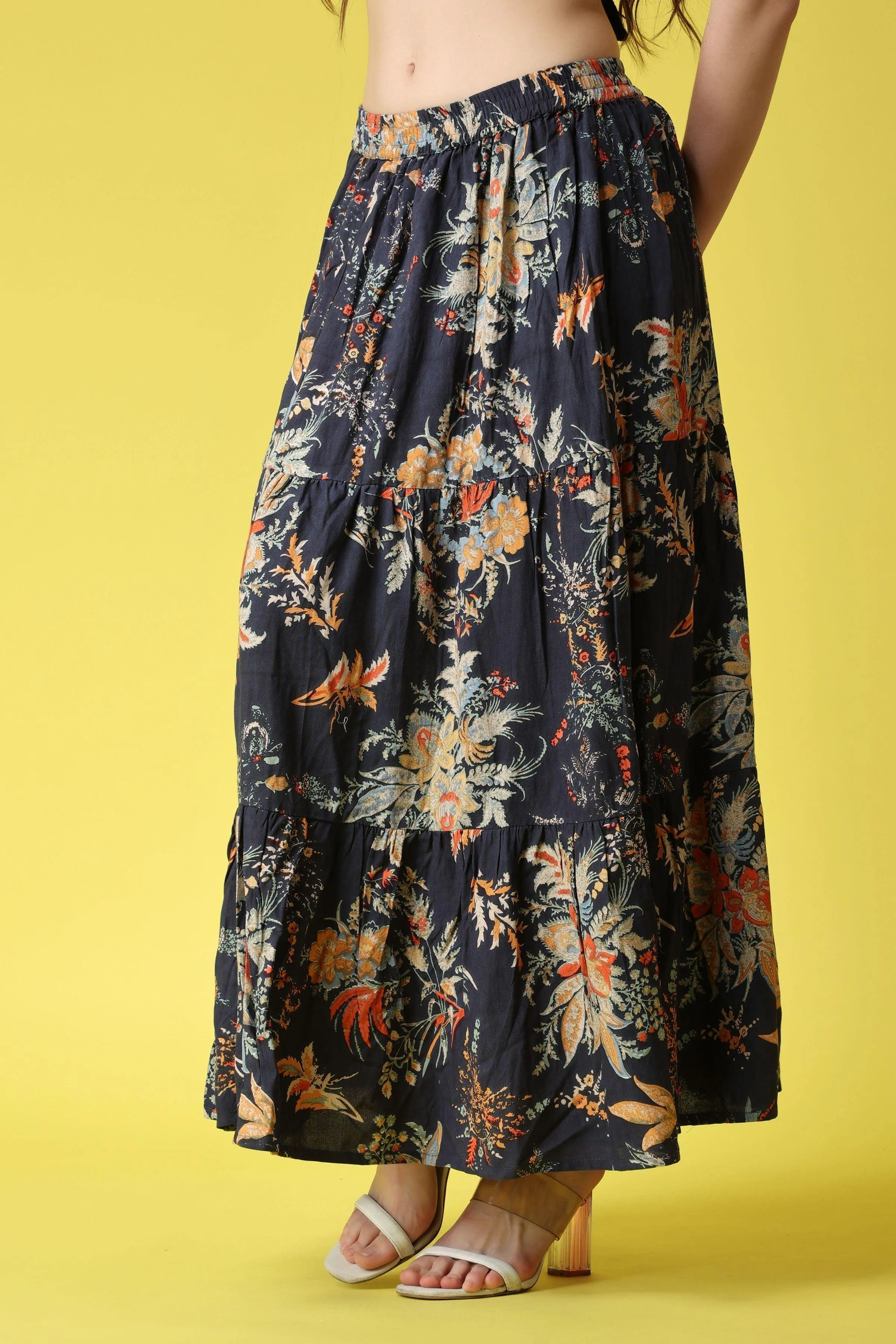 Blue Floral Printed Long Skirt