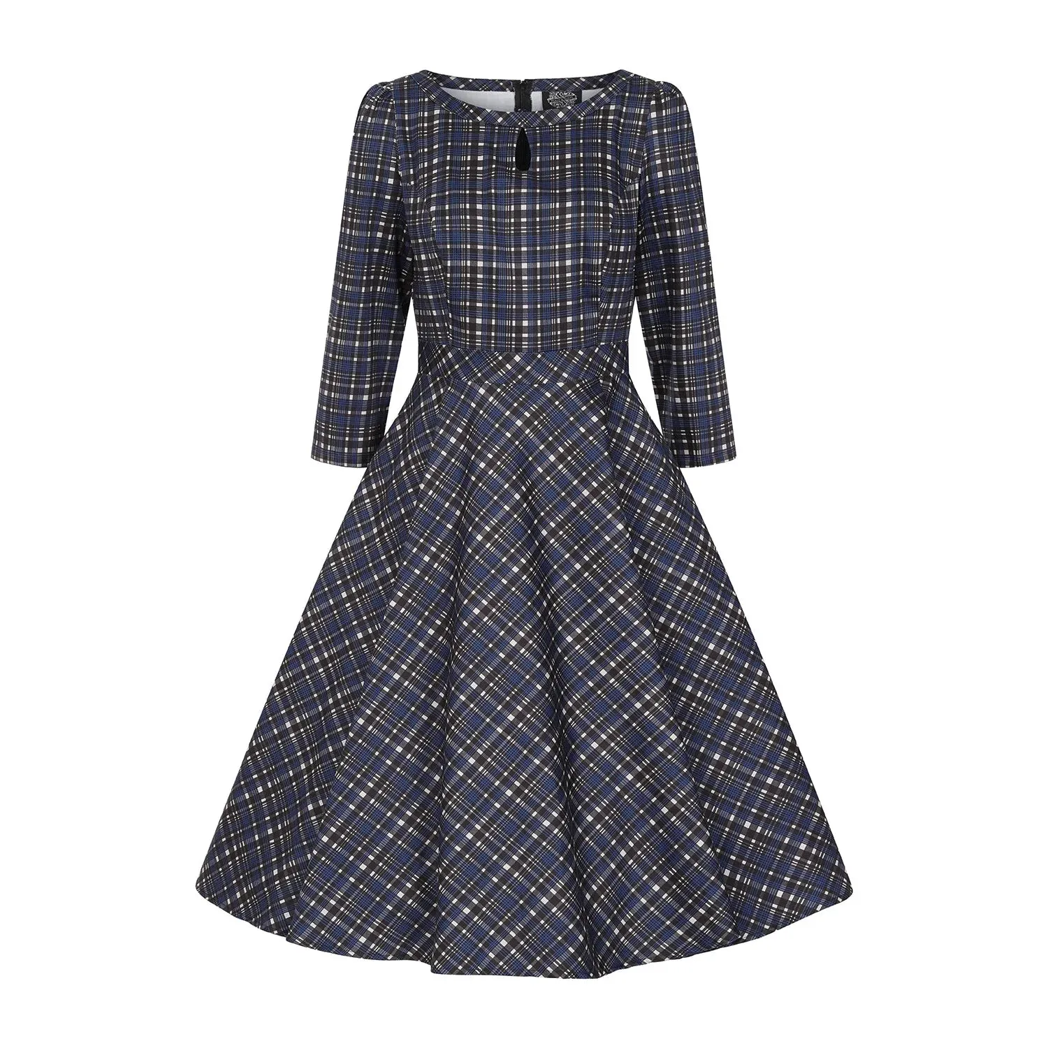 Blue Tartan Check Long Sleeve Burns Night & Rockabilly Style Swing Dress