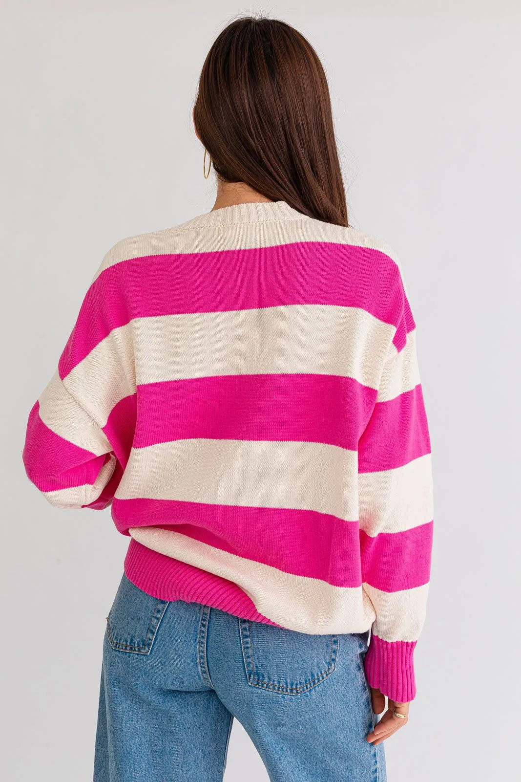 Candy Pink Color Striped Sweater