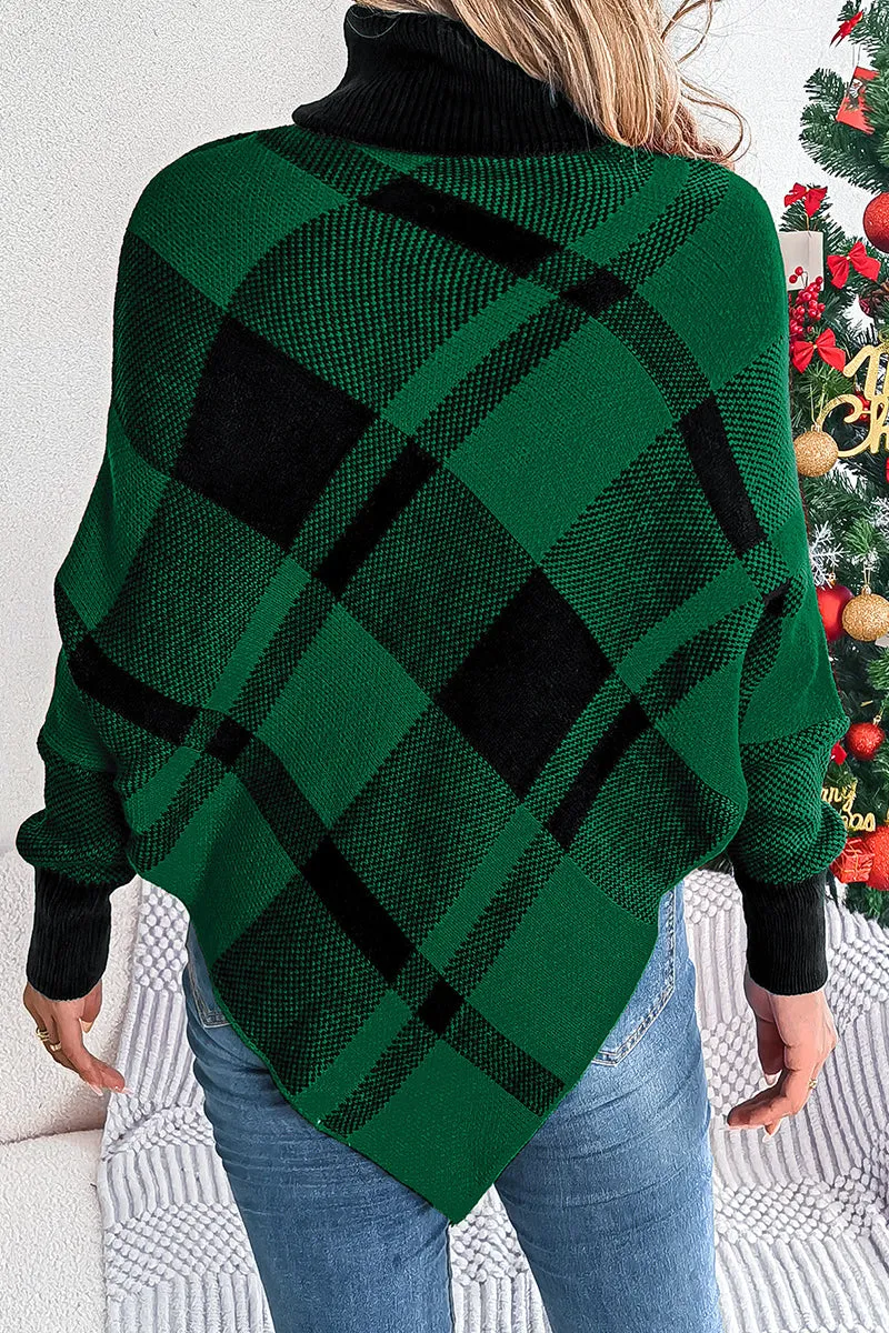 Christmas Contrast Plaid Turtleneck Long Sleeve Poncho Sweater