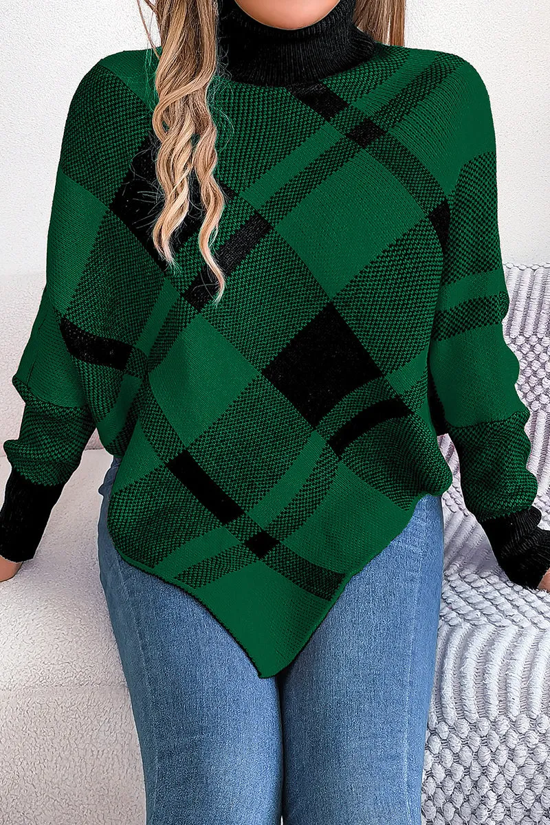 Christmas Contrast Plaid Turtleneck Long Sleeve Poncho Sweater