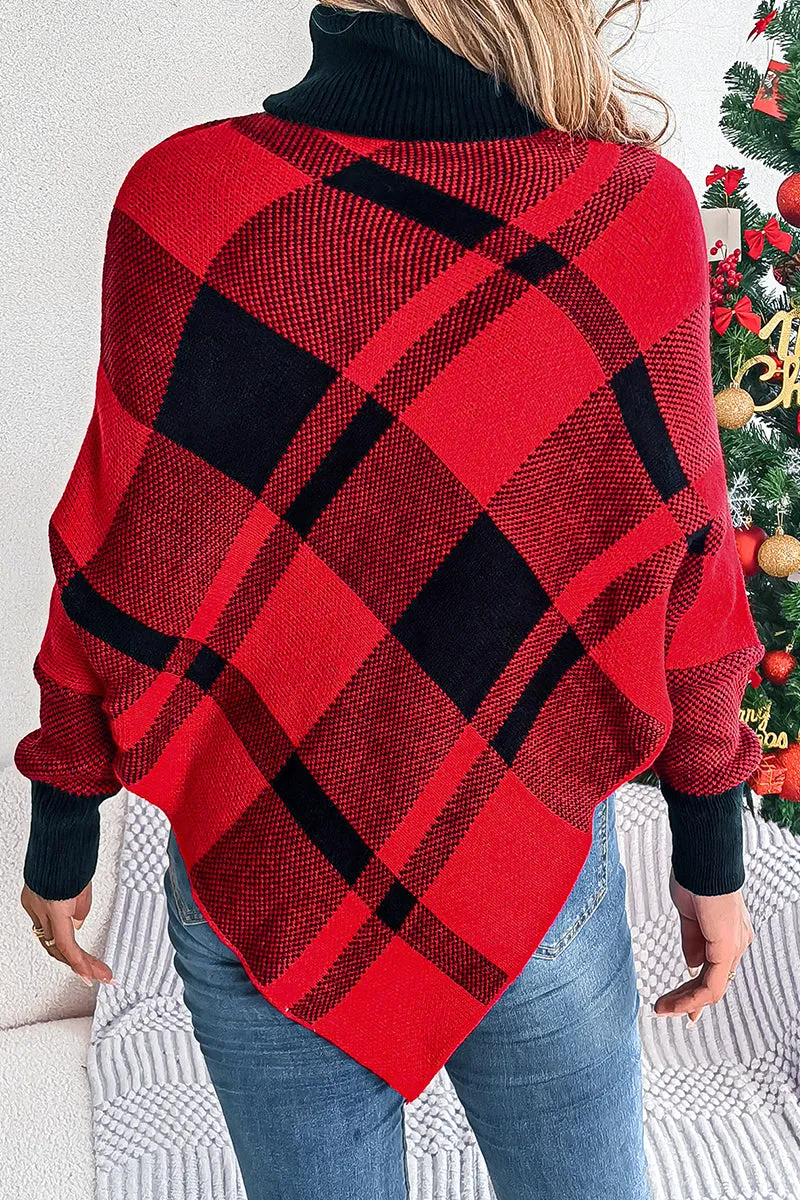 Christmas Contrast Plaid Turtleneck Long Sleeve Poncho Sweater