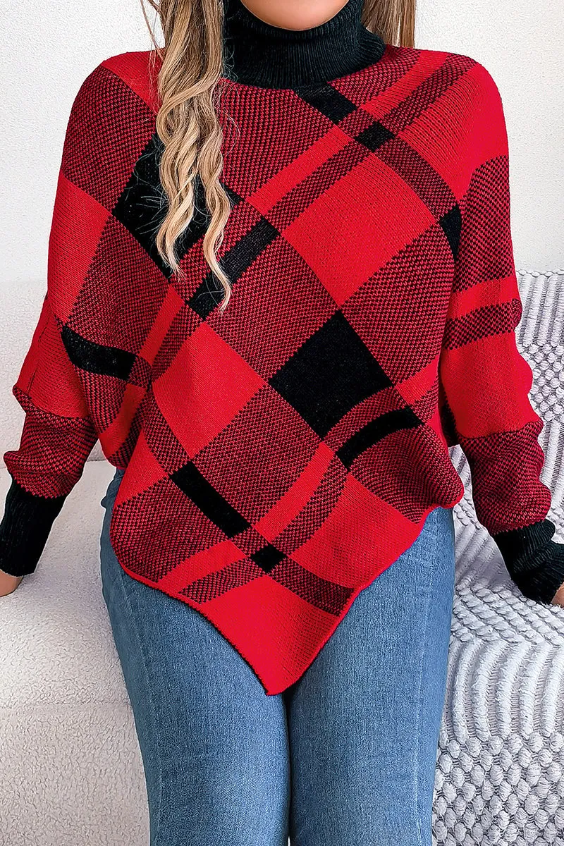 Christmas Contrast Plaid Turtleneck Long Sleeve Poncho Sweater