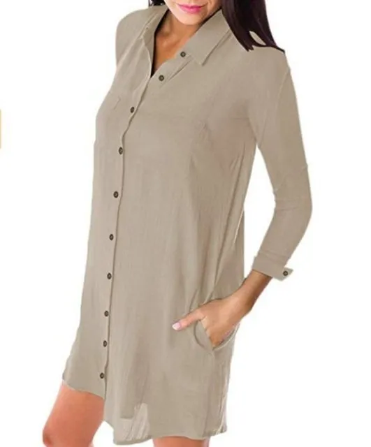 Classic Cotton Linen Turned Down Collar Pocket Long Sleeve Befree Shirt Dress