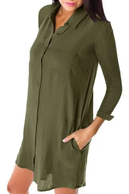 Classic Cotton Linen Turned Down Collar Pocket Long Sleeve Befree Shirt Dress