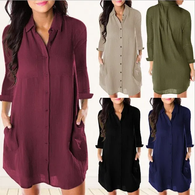 Classic Cotton Linen Turned Down Collar Pocket Long Sleeve Befree Shirt Dress