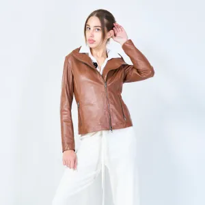 Classic high-neck leather jacket wholesale