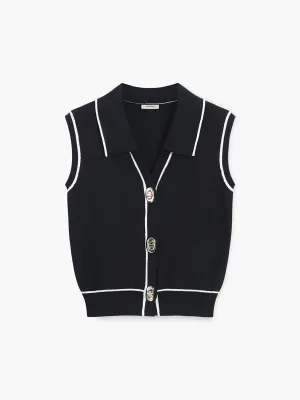 Contrast Trim Lapel Sweater Vest