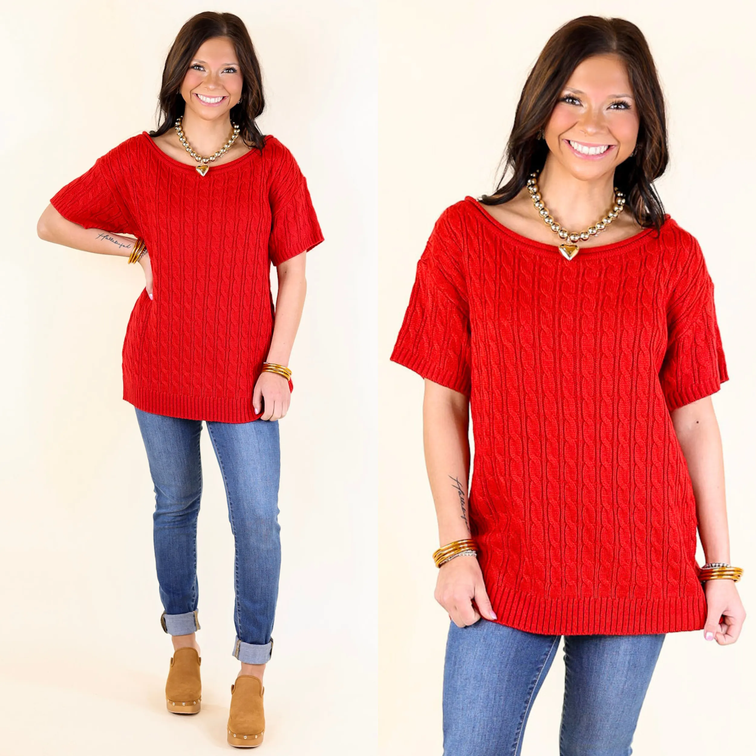 Day Date Short Sleeve Sweater with Scoop Neckline in Red