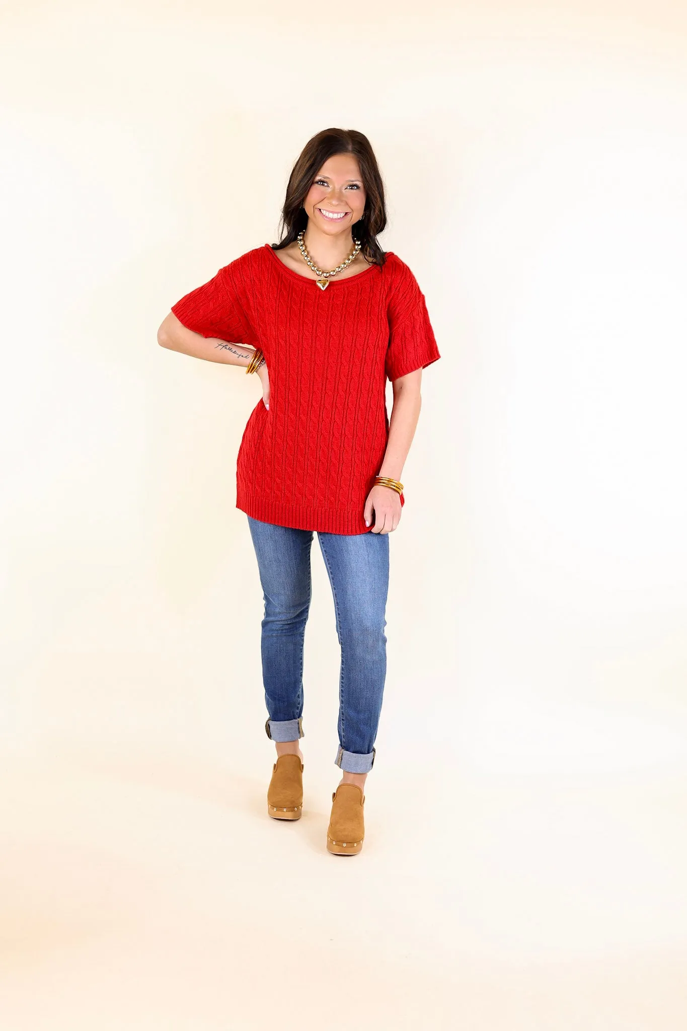 Day Date Short Sleeve Sweater with Scoop Neckline in Red