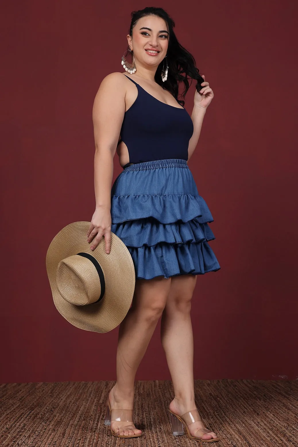 Denim Solid Frill Skirt