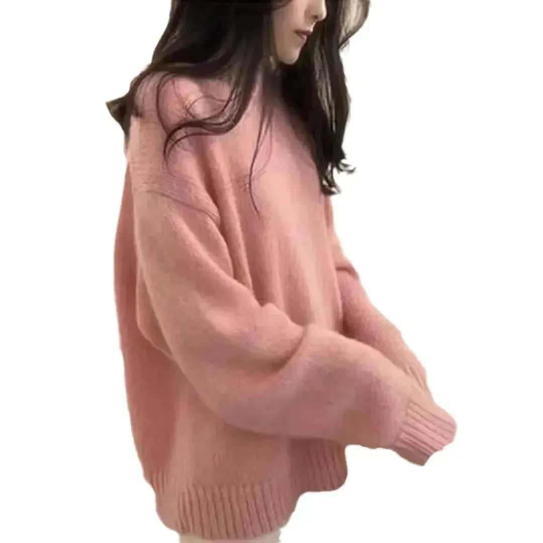 Fall Winter Round Neck Oversize Fleece Plush Pullover Sweater for women