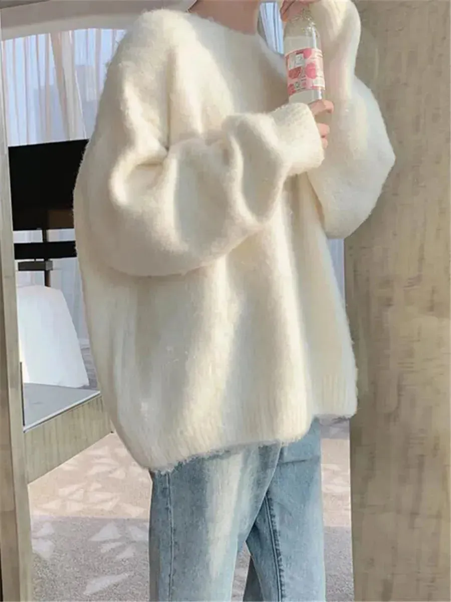 Fall Winter Round Neck Oversize Fleece Plush Pullover Sweater for women