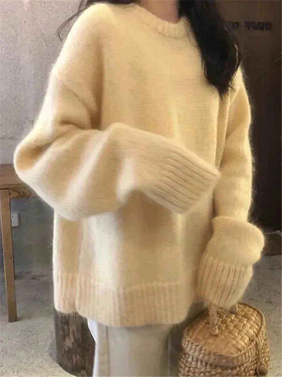 Fall Winter Round Neck Oversize Fleece Plush Pullover Sweater for women