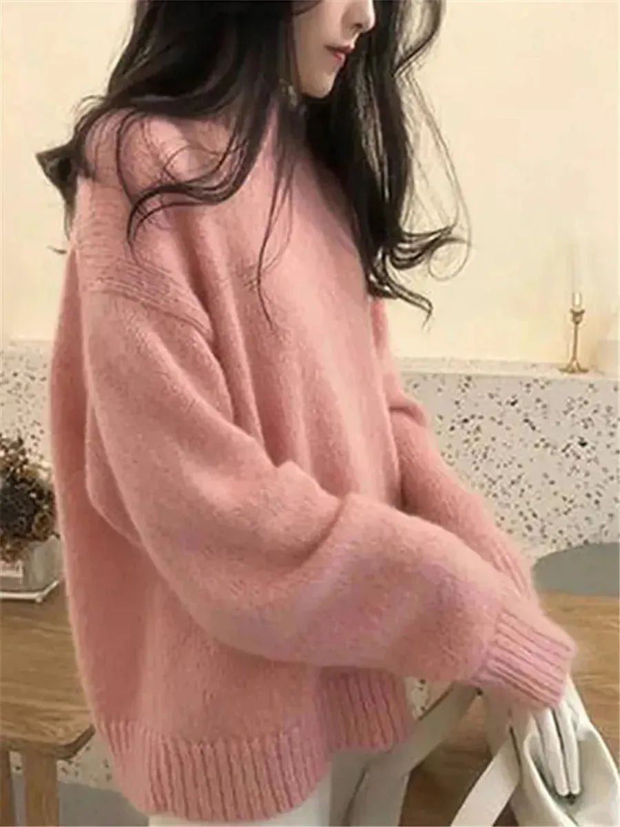 Fall Winter Round Neck Oversize Fleece Plush Pullover Sweater for women