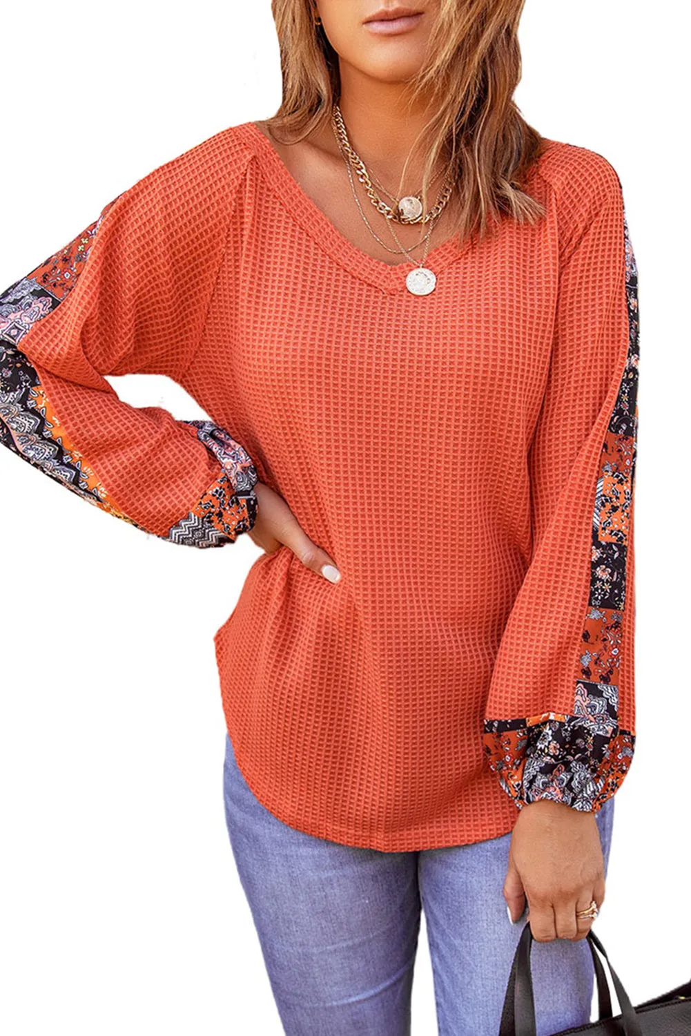 Floral Colorblock Waffle Knit Top