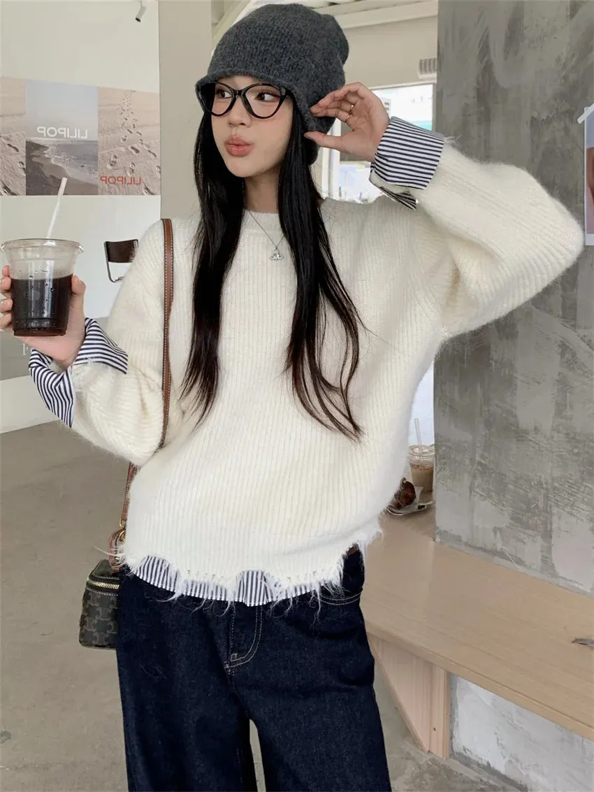 Girlary Stylish Patchwork Women Sweaters New Loose Knitwear All Match 2025 Stripes Gentle Winter Daily Slim Casual Pullovers