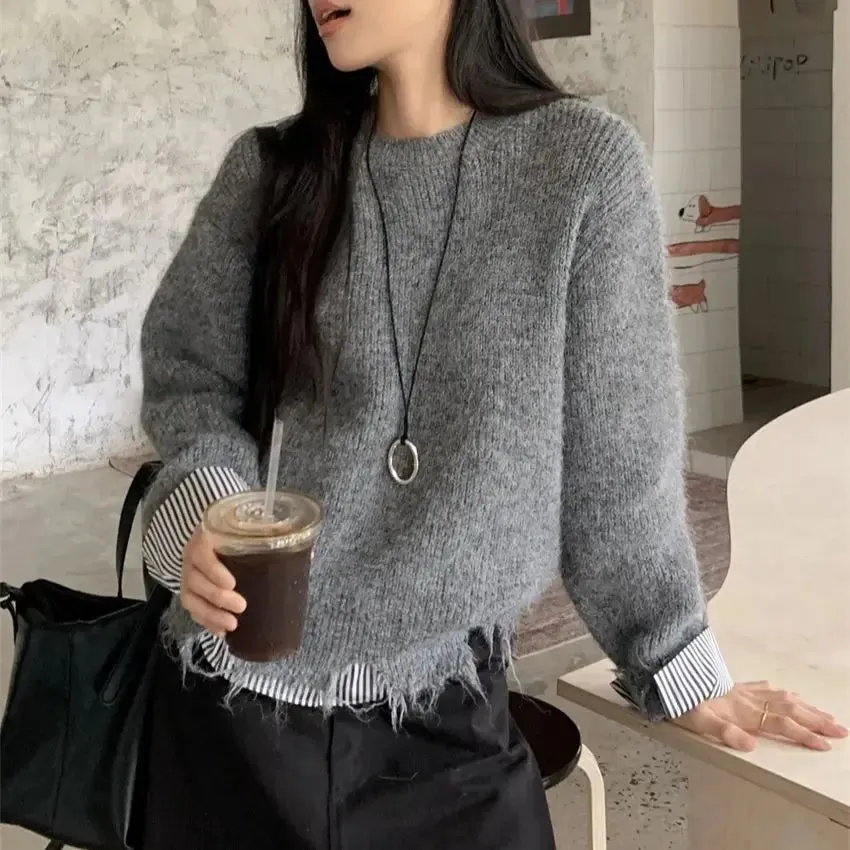 Girlary Stylish Patchwork Women Sweaters New Loose Knitwear All Match 2025 Stripes Gentle Winter Daily Slim Casual Pullovers