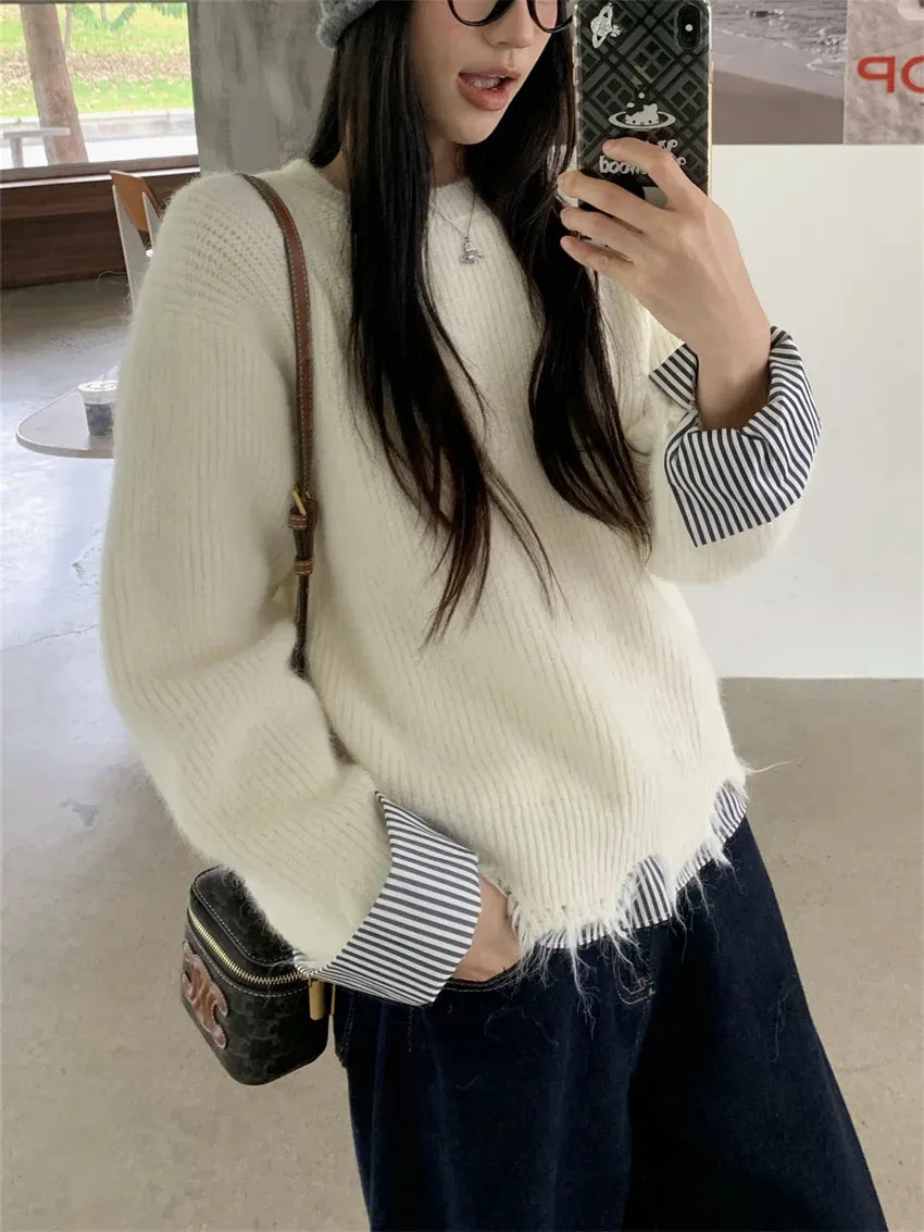 Girlary Stylish Patchwork Women Sweaters New Loose Knitwear All Match 2025 Stripes Gentle Winter Daily Slim Casual Pullovers