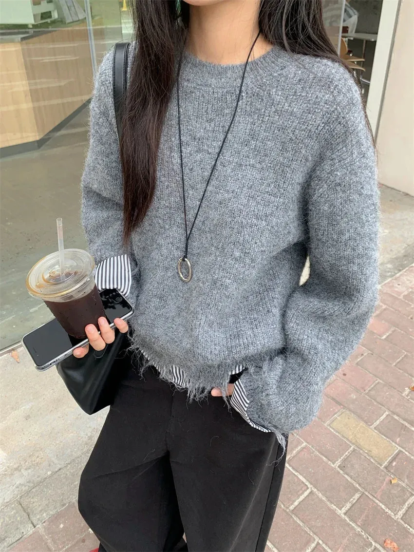 Girlary Stylish Patchwork Women Sweaters New Loose Knitwear All Match 2025 Stripes Gentle Winter Daily Slim Casual Pullovers