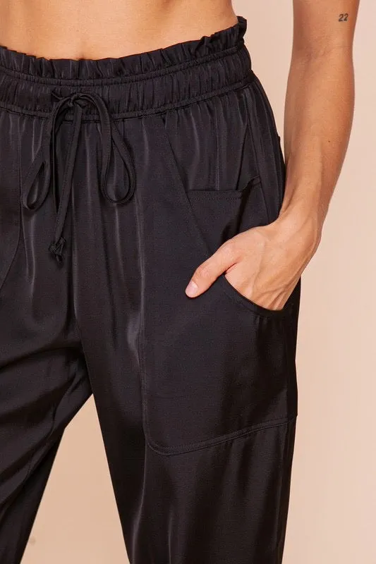 Harlow Satin High Waisted Jogger- Black