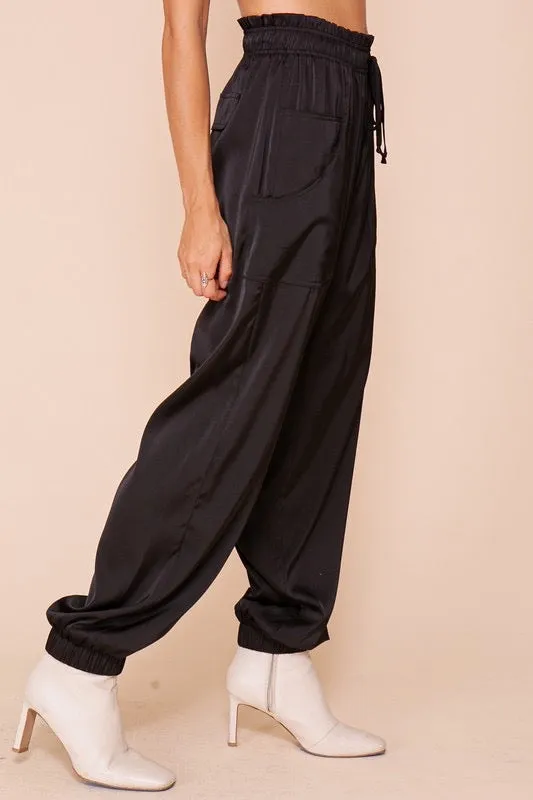 Harlow Satin High Waisted Jogger- Black