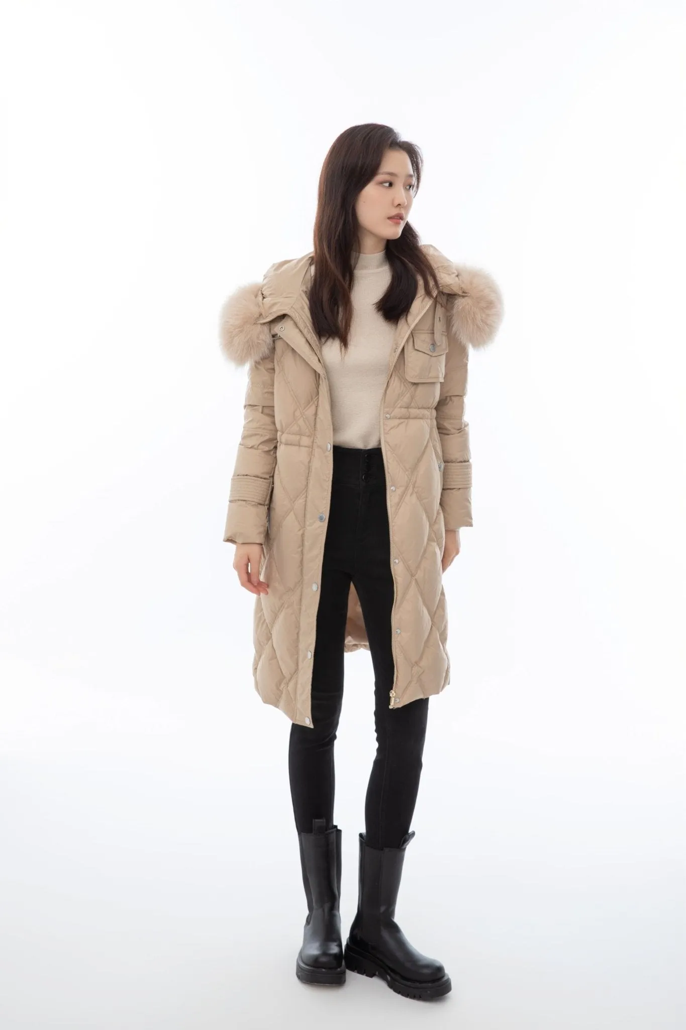 Khaki Fur Collar Down Jacket