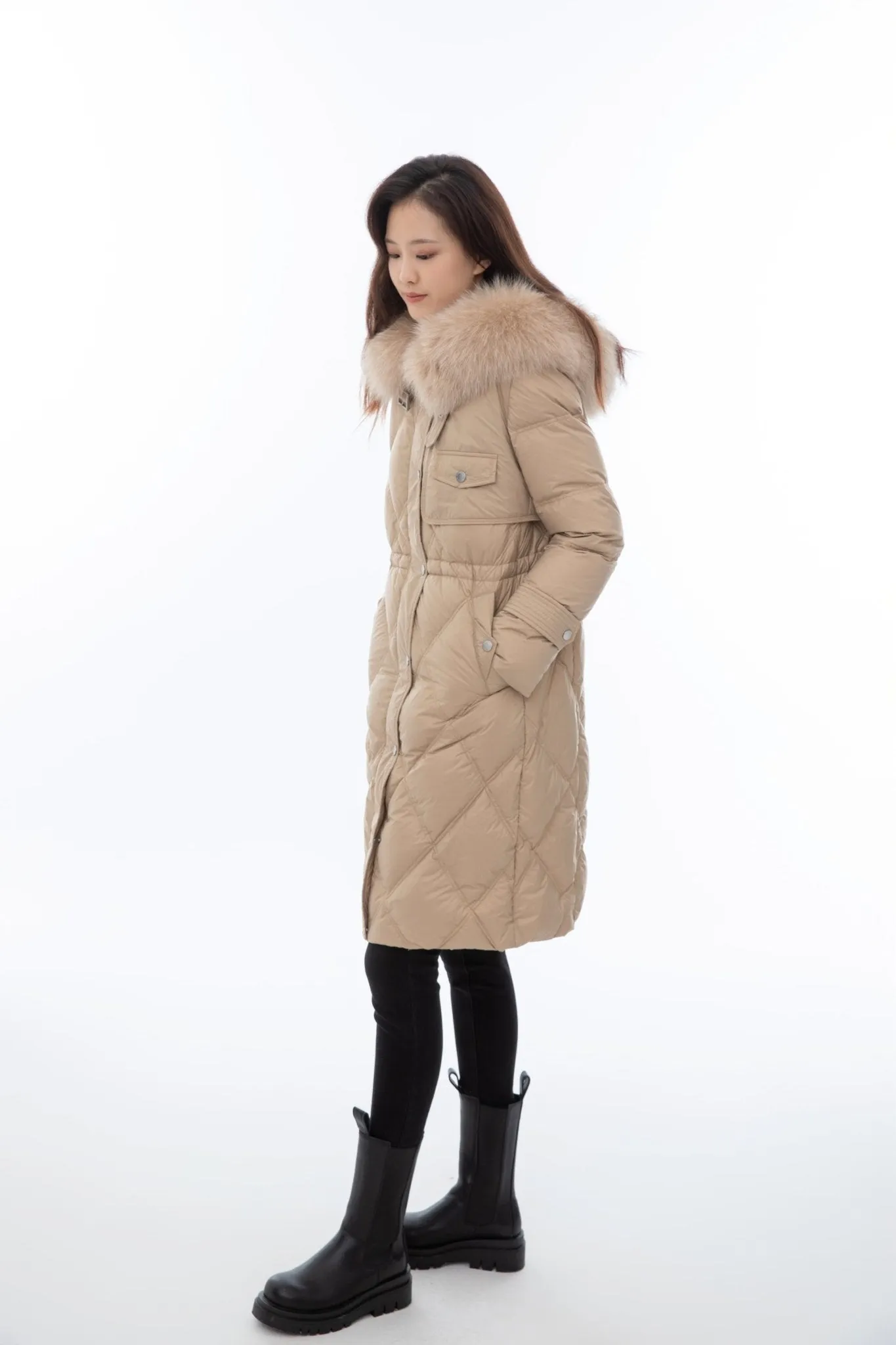 Khaki Fur Collar Down Jacket