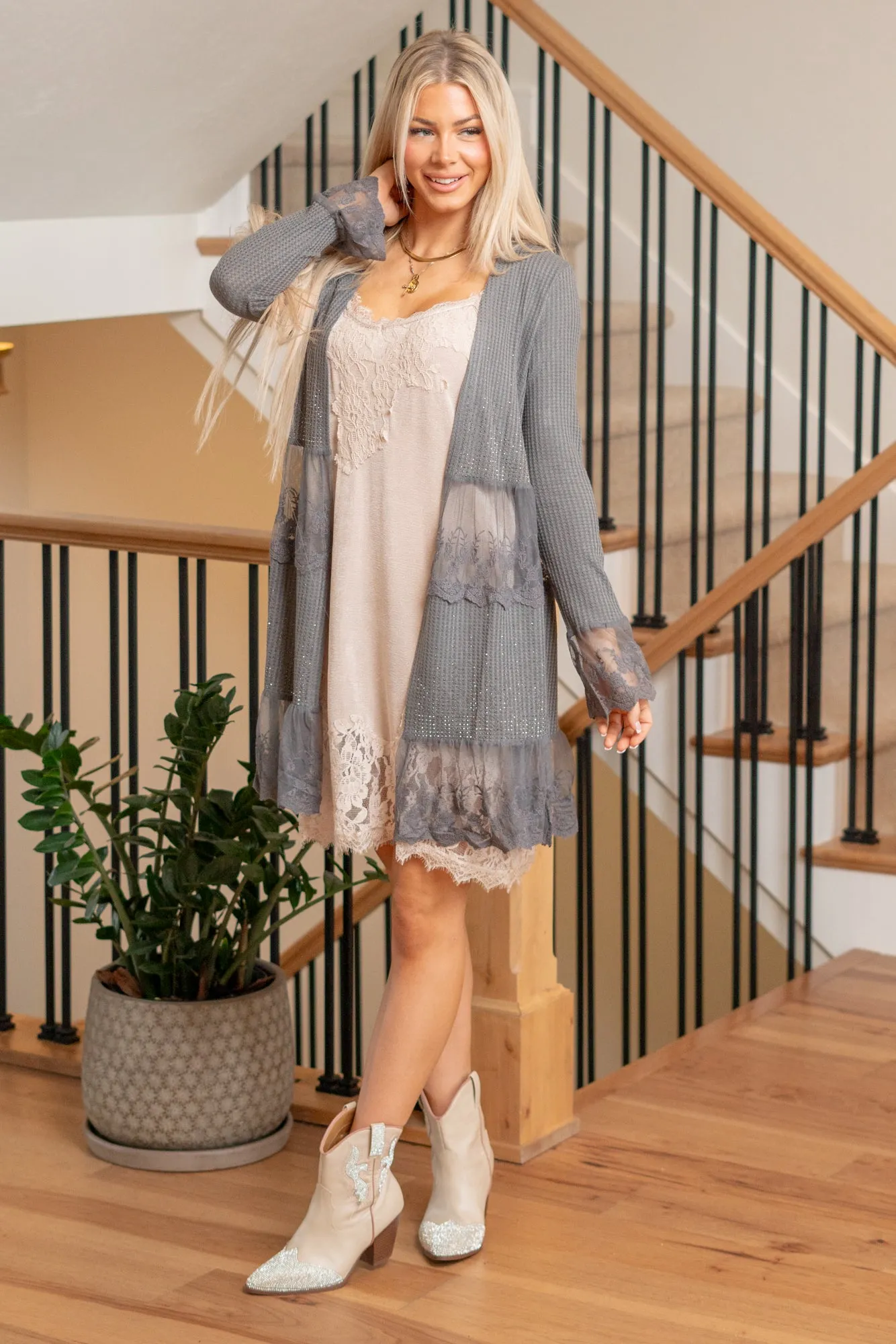 Lace & Stone Edge Open Cardigan - Charcoal