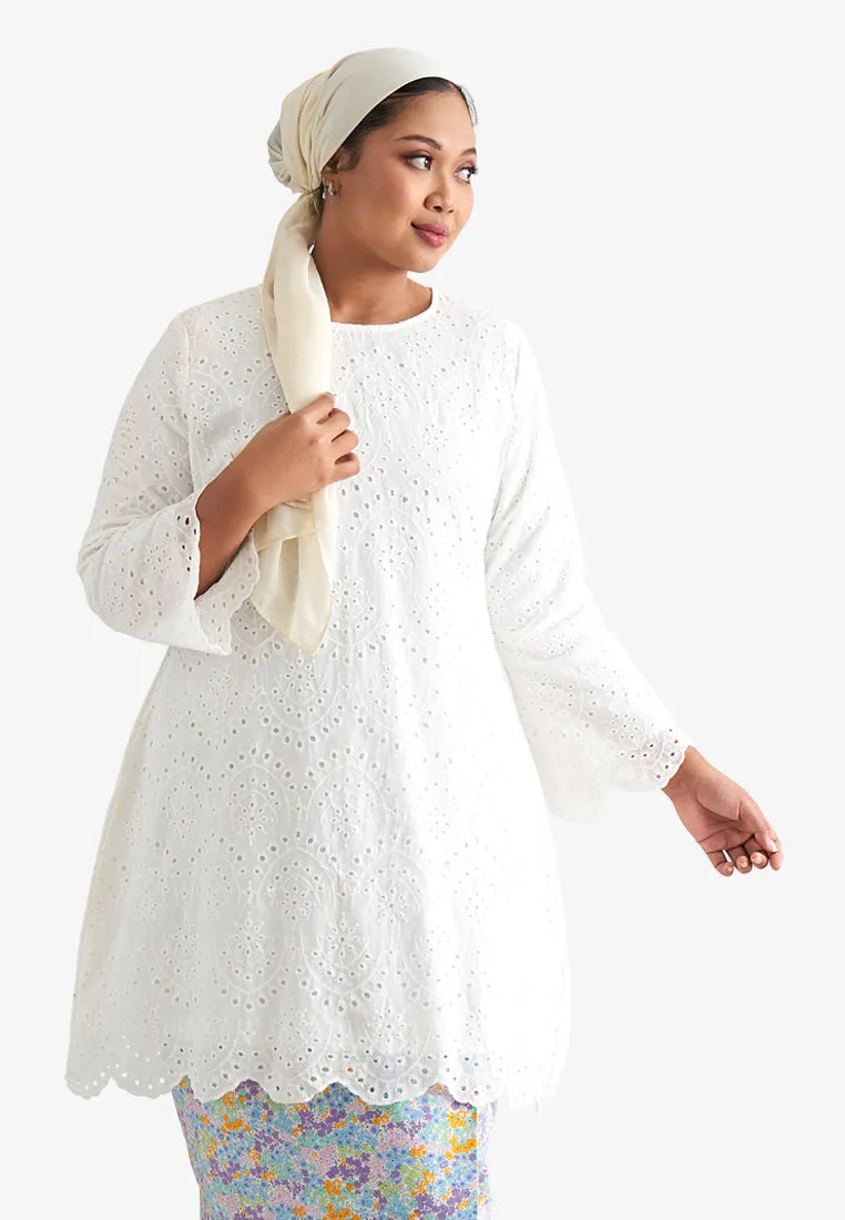 Laila Raya Eyelet Collection Long Eyelet Kurung Top - White