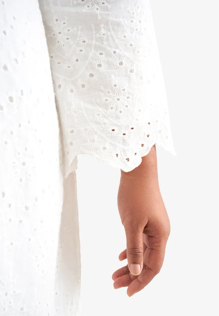 Laila Raya Eyelet Collection Long Eyelet Kurung Top - White