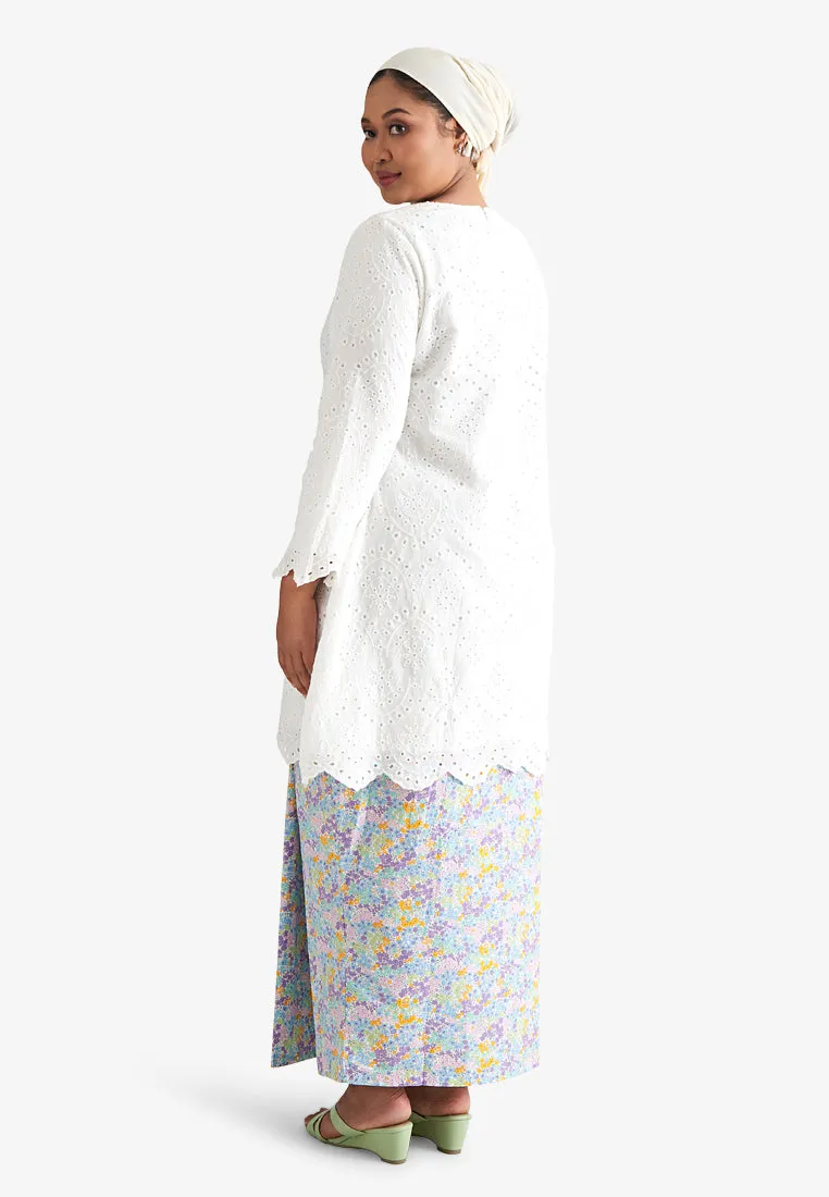 Laila Raya Eyelet Collection Long Eyelet Kurung Top - White