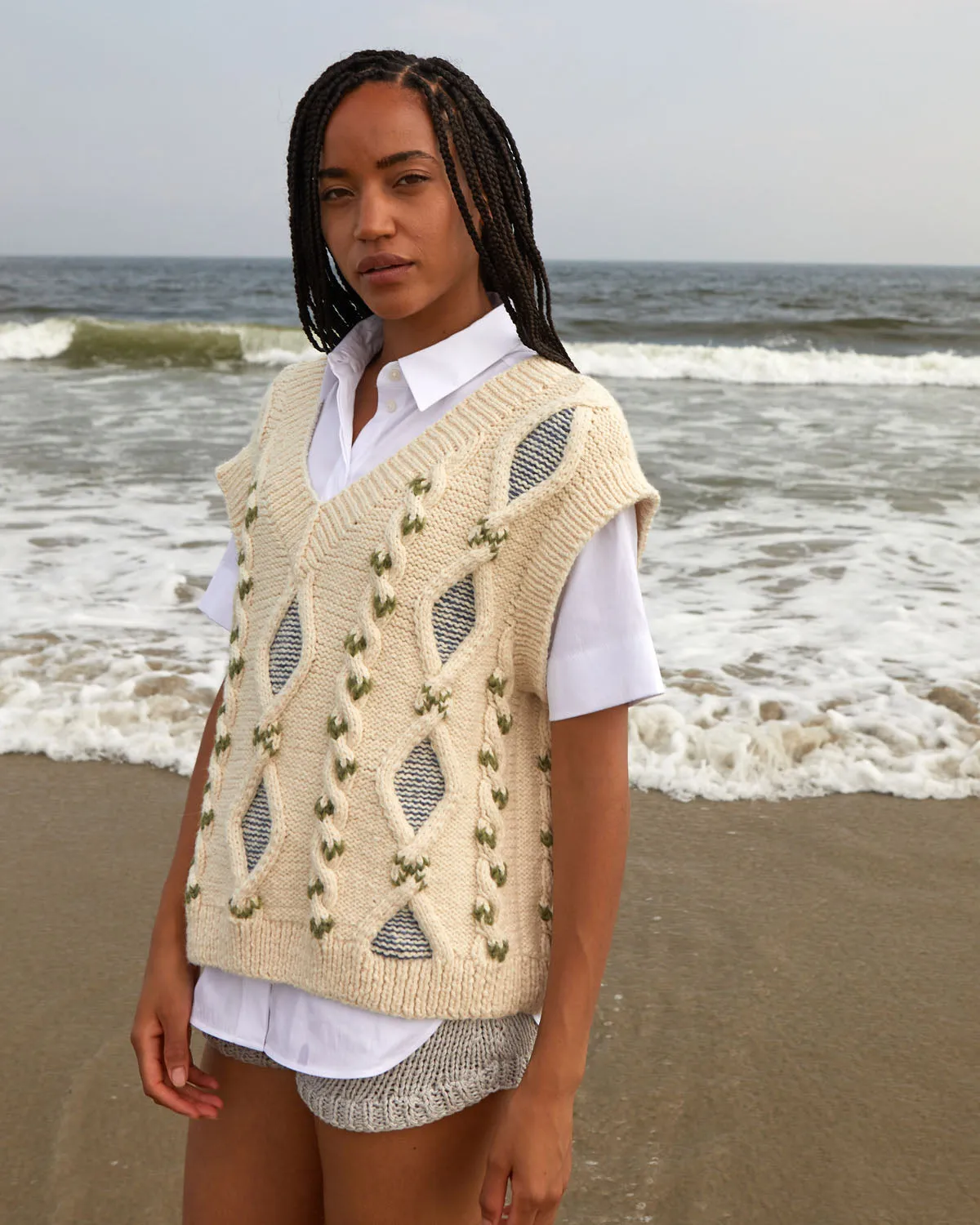 Laimė Alpaca Wool & Cotton Vest Embroidered Oat Milk