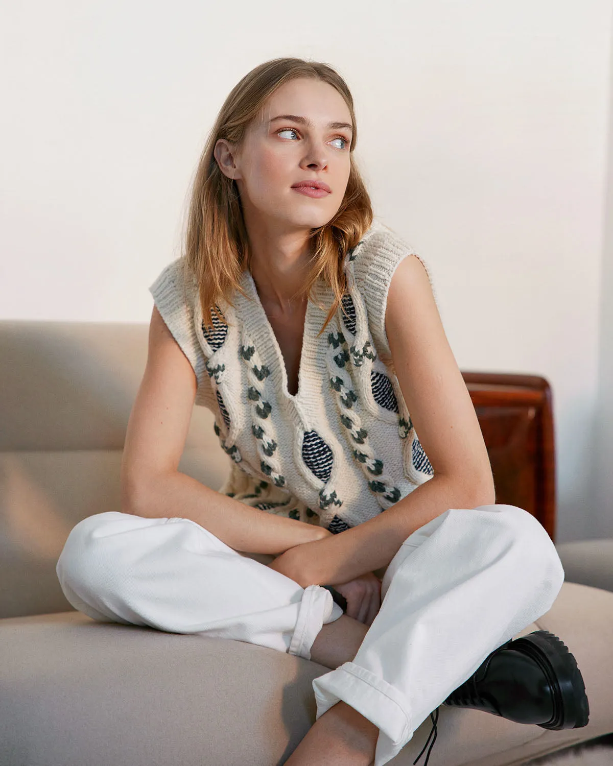 Laimė Alpaca Wool & Cotton Vest Embroidered Oat Milk