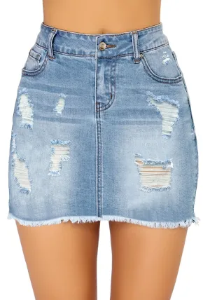 Light Blue Ripped Frayed Hem Denim Skirt